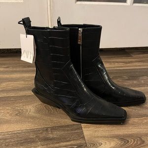 Zara Animal Print Cowboy Heeled Ankle Boots